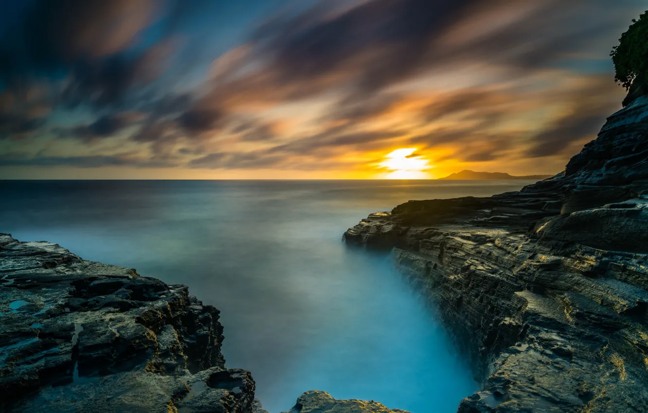 Photo wallpaper the sky, sunset, stones, the ocean, rocks, coast, horizon, Hawaii