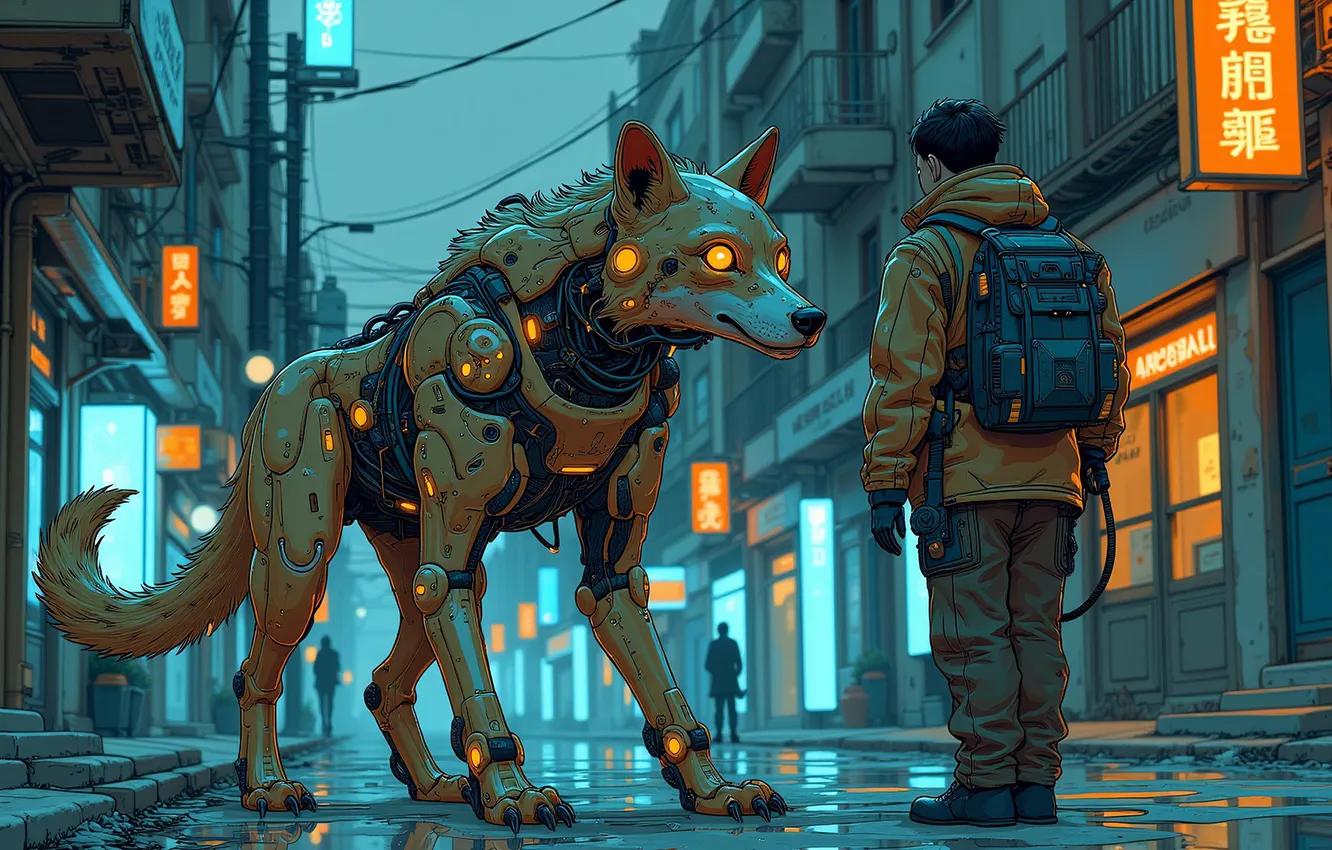 Photo wallpaper dog, street, comic book stylization, guy, robot, the city