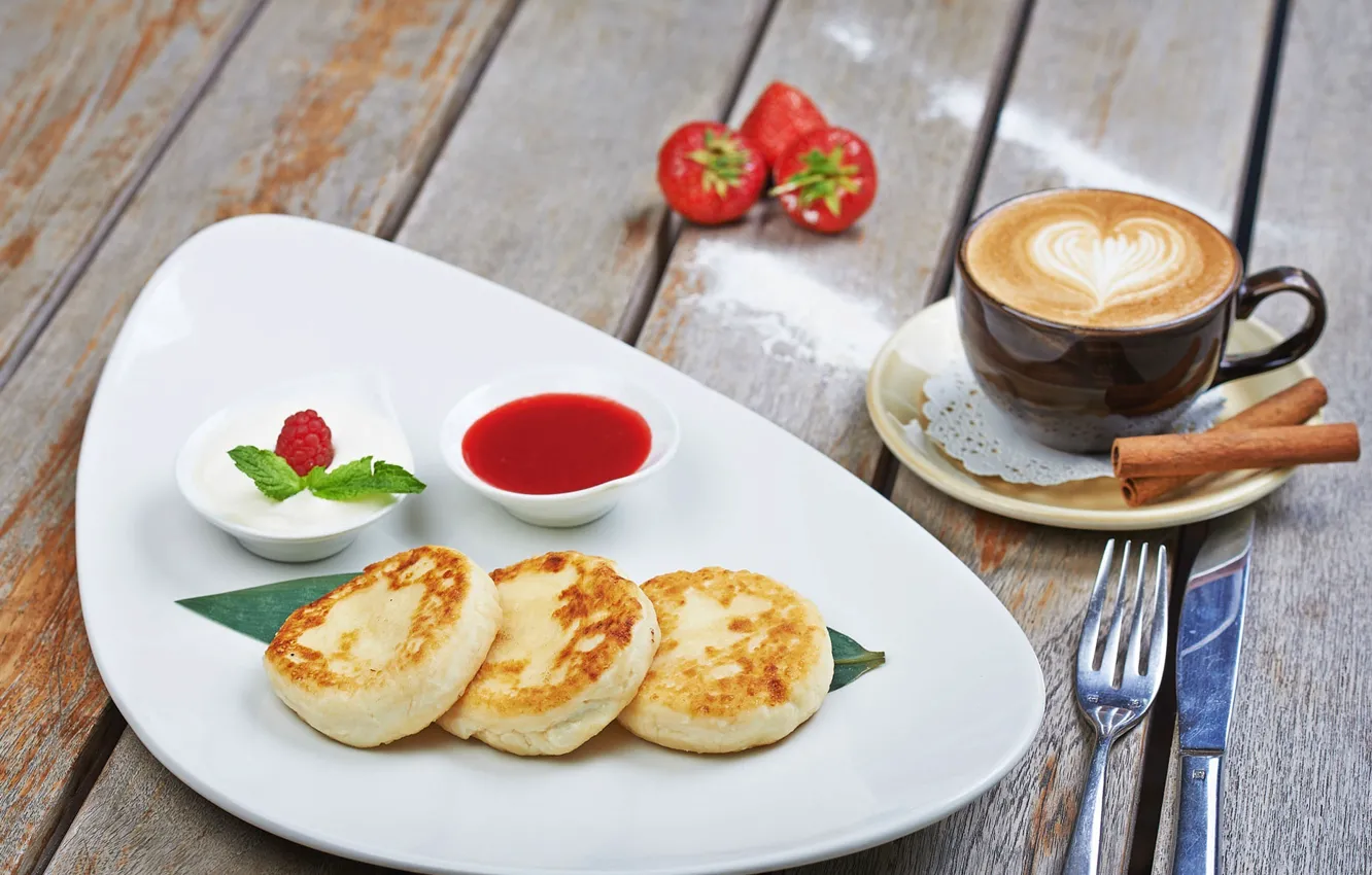 Photo wallpaper coffee, strawberry, jam, cheesecakes