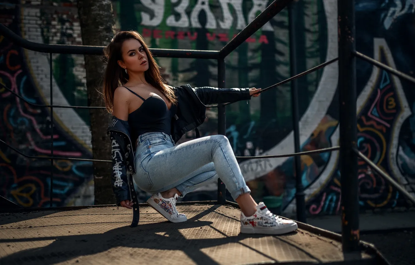 Photo wallpaper girl, pose, feet, jeans, figure, jacket, long hair, Vadim Podoprigora