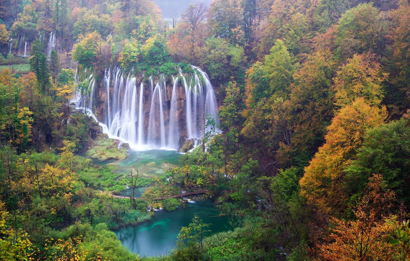 Photo wallpaper lake, view, waterfall, rocks, autumn, forest