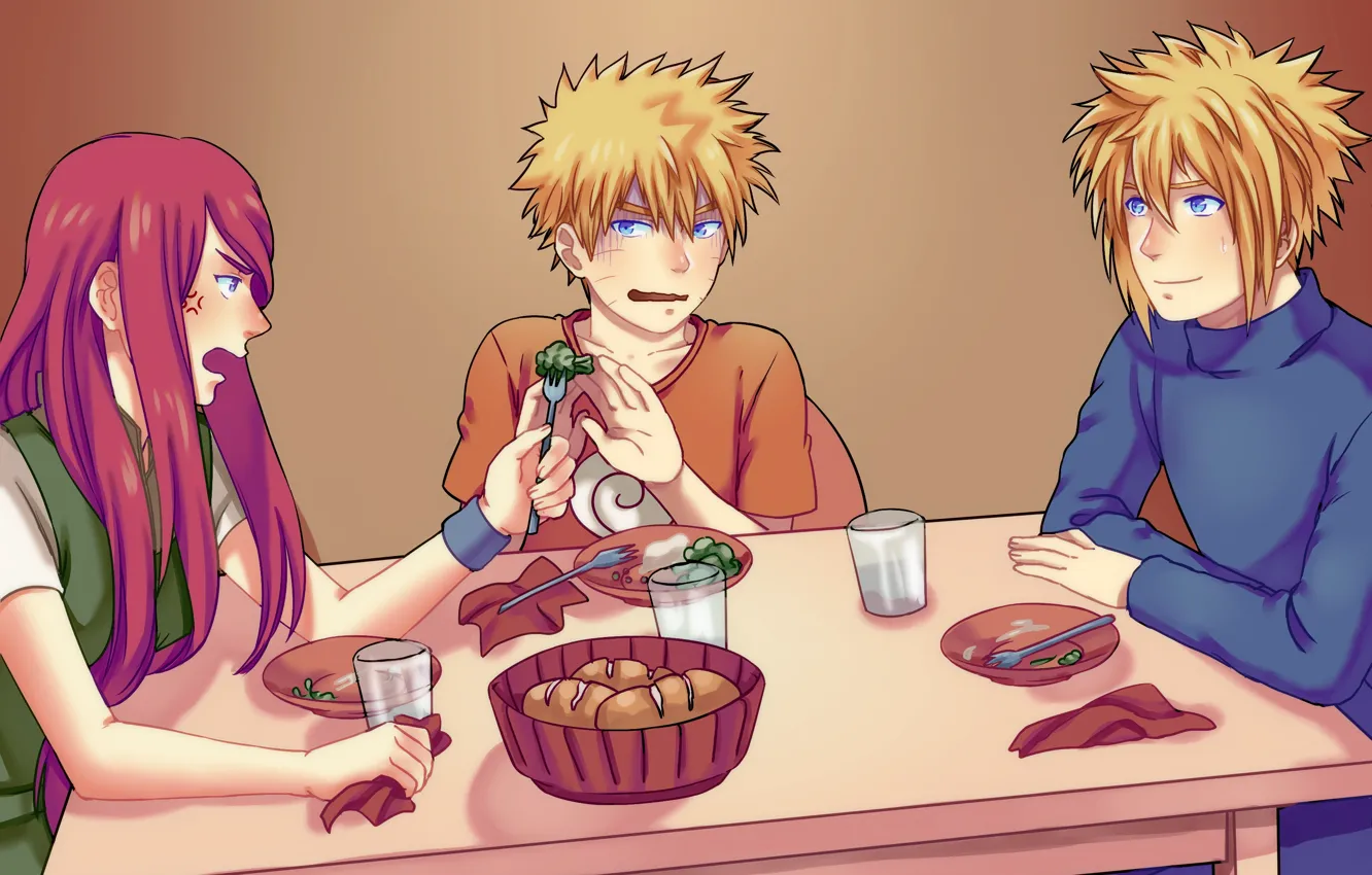 Photo wallpaper Naruto, art, Minato, broccoli, Kushina, Breakfast
