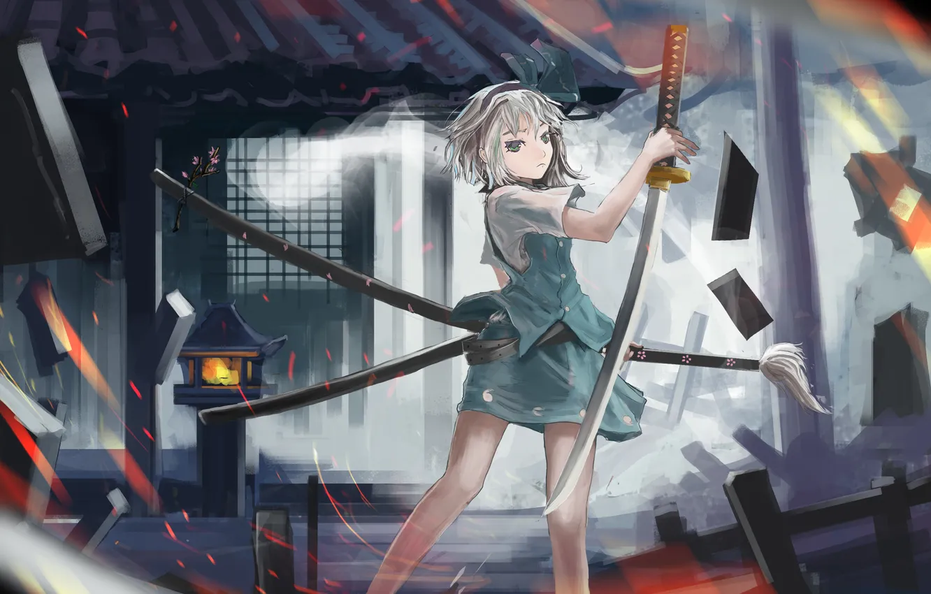 Photo wallpaper girl, sprig, home, sword, katana, Sakura, art, lights