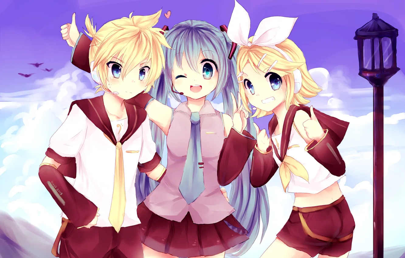 Photo wallpaper girl, clouds, bird, art, lights, guy, vocaloid, hatsune miku