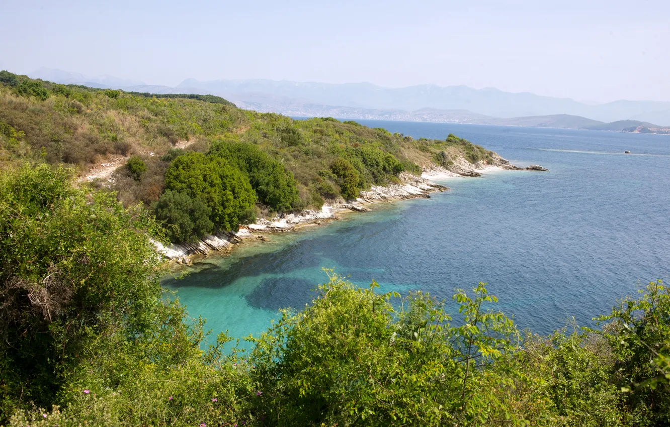 Photo wallpaper sea, mountains, shore, Greece, haze, the bushes, Corfu