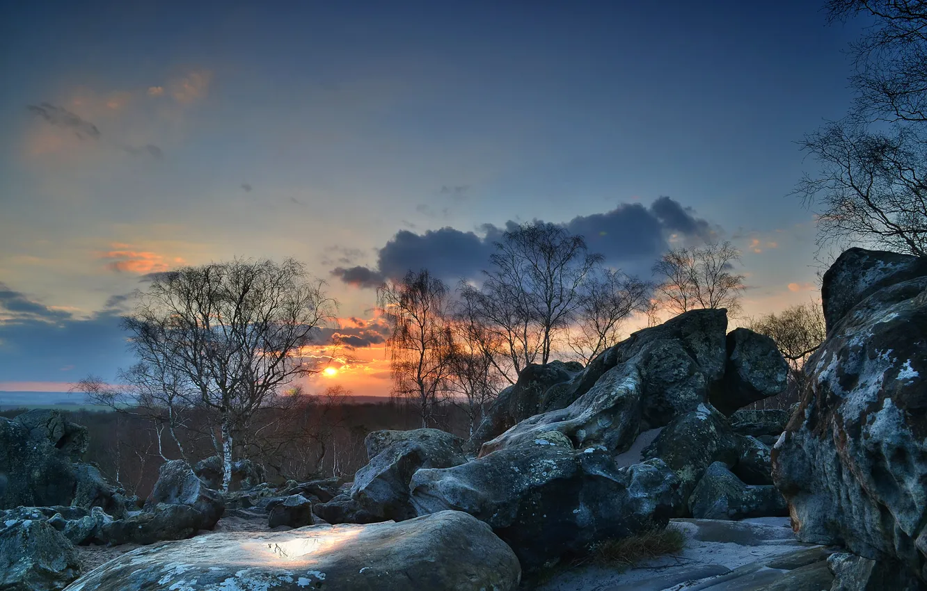 Photo wallpaper the sky, clouds, sunset, stones