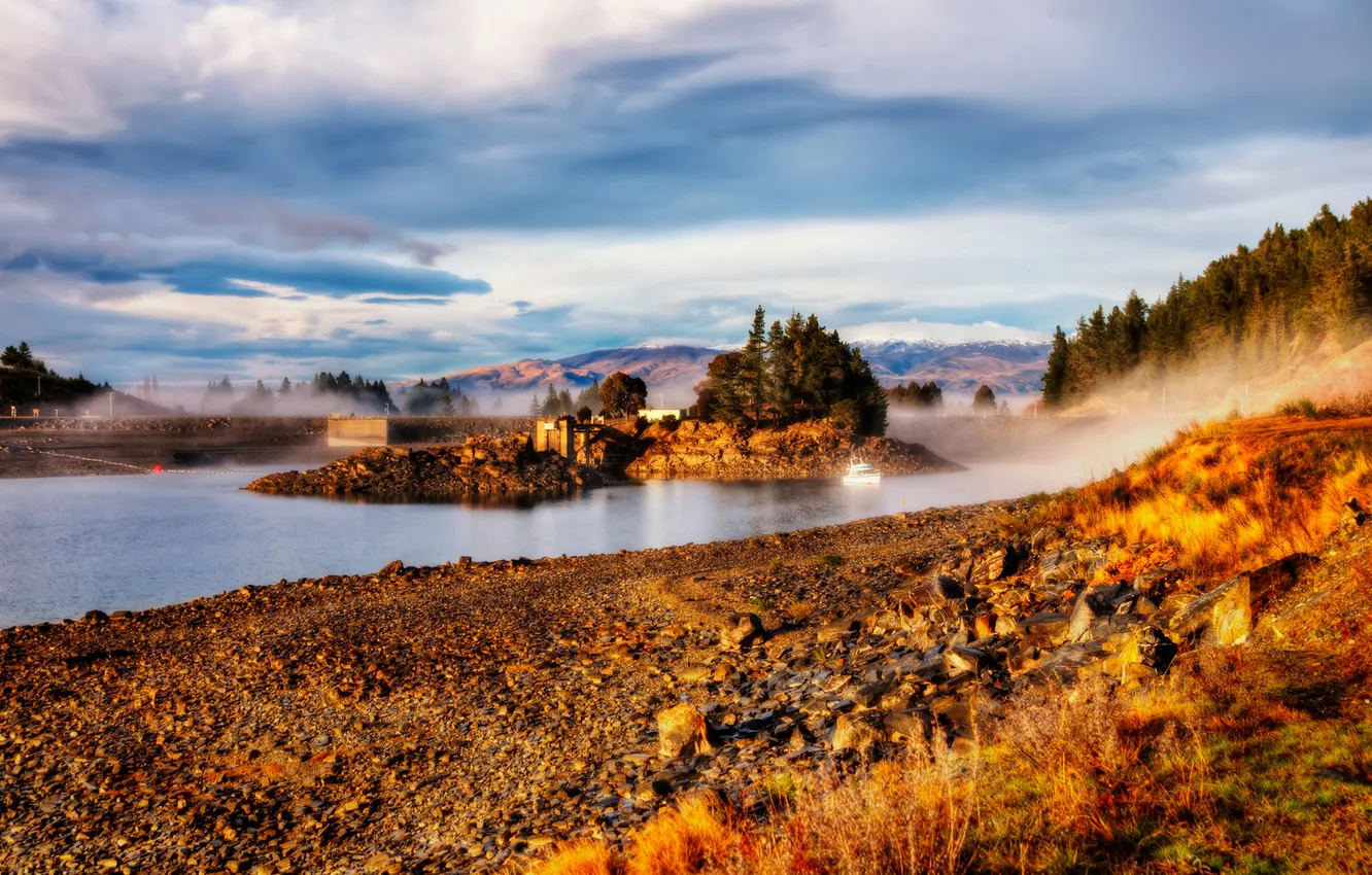 Photo wallpaper autumn, forest, trees, nature, fog, river, stones, island