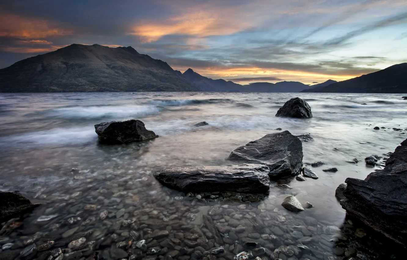 Photo wallpaper sea, mountains, stones, New Zealand