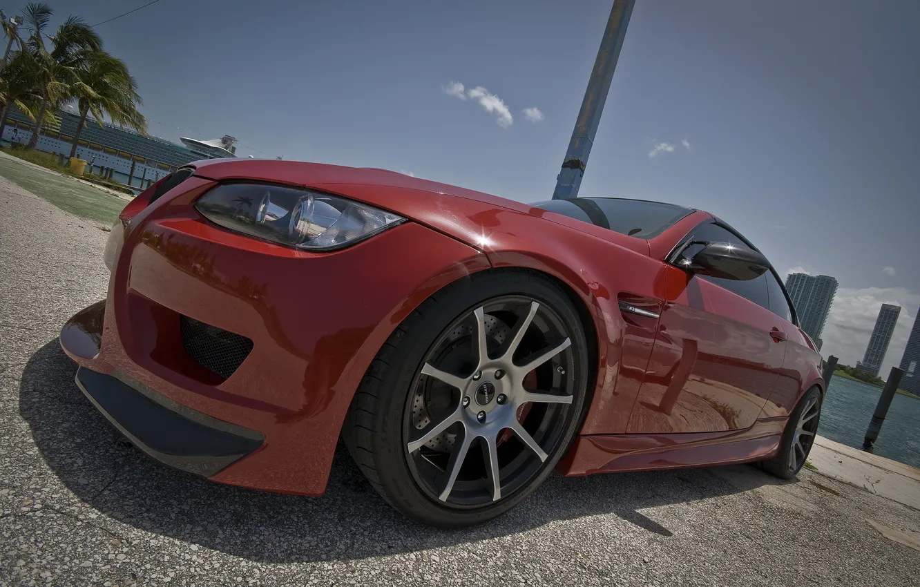 Photo wallpaper the sky, red, bmw, BMW, red, wheels, Miami, e92