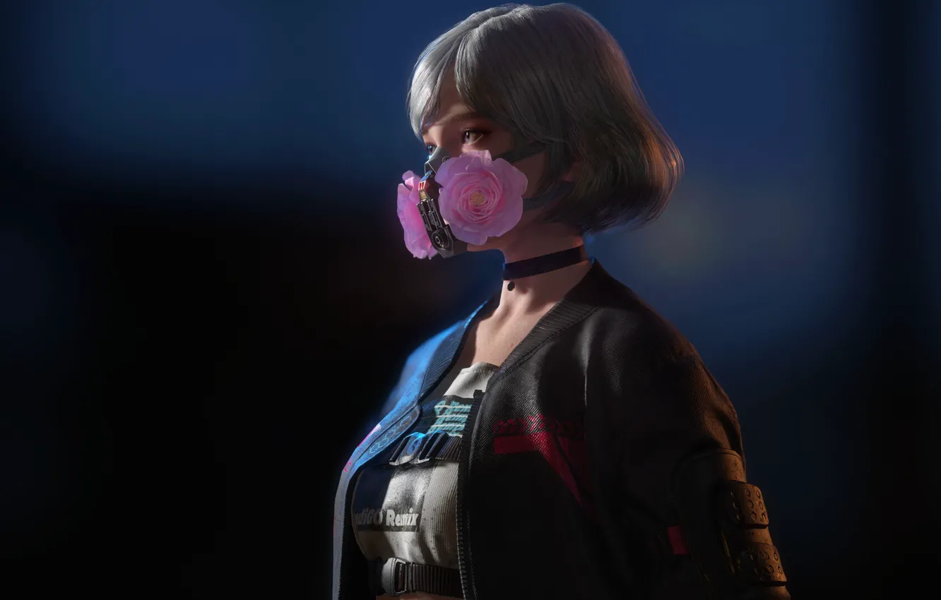 Photo wallpaper girl, background, roses, mask, profile, killer, pink roses