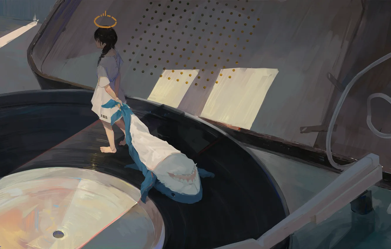 Photo wallpaper girl, surrealism, toy, shark, player, record, halo