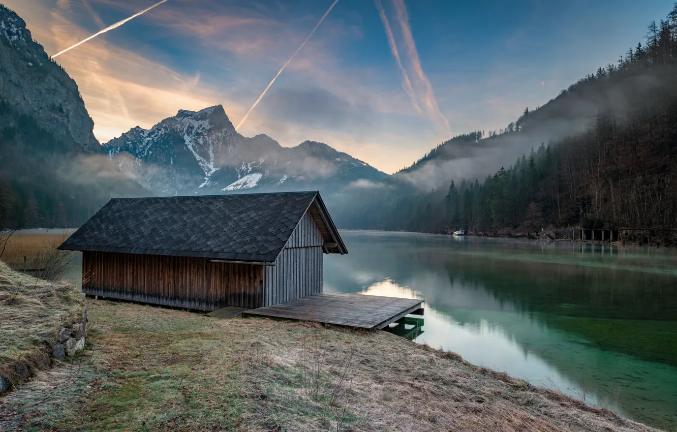 Photo wallpaper mountains, Alps, house, pond