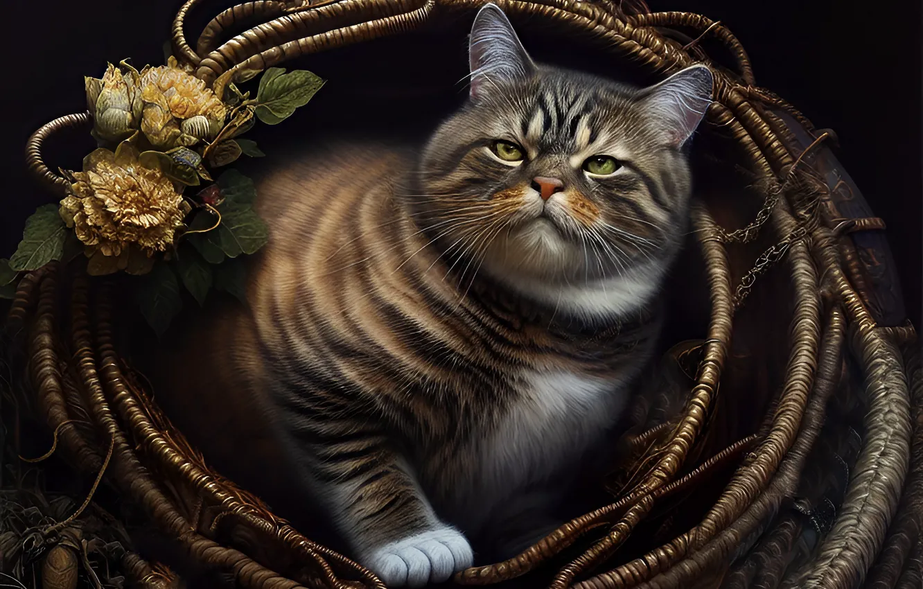 Photo wallpaper cat, cat, look, flowers, paws, art, composition, thick