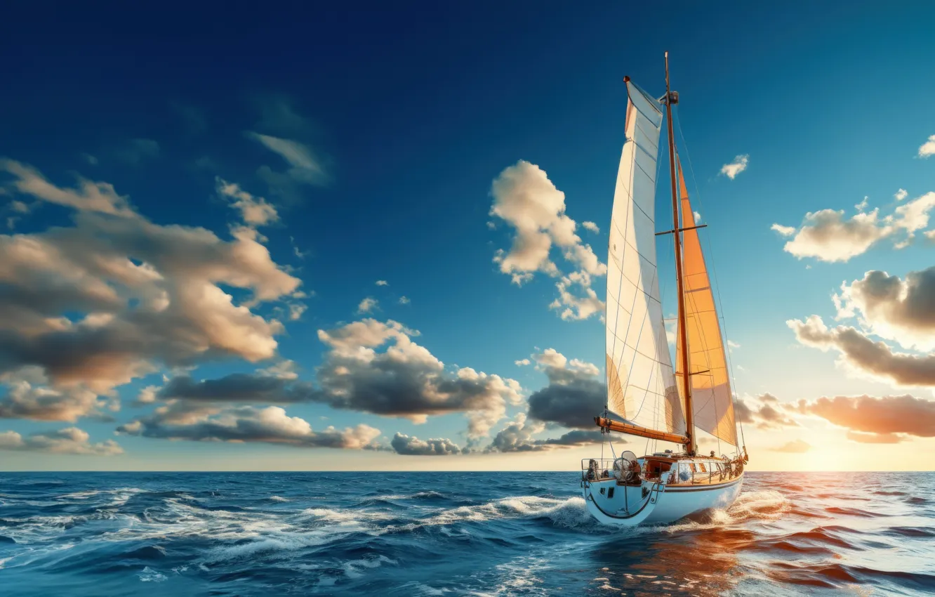 Photo wallpaper sea, wave, the sky, water, clouds, blue, boat, sail