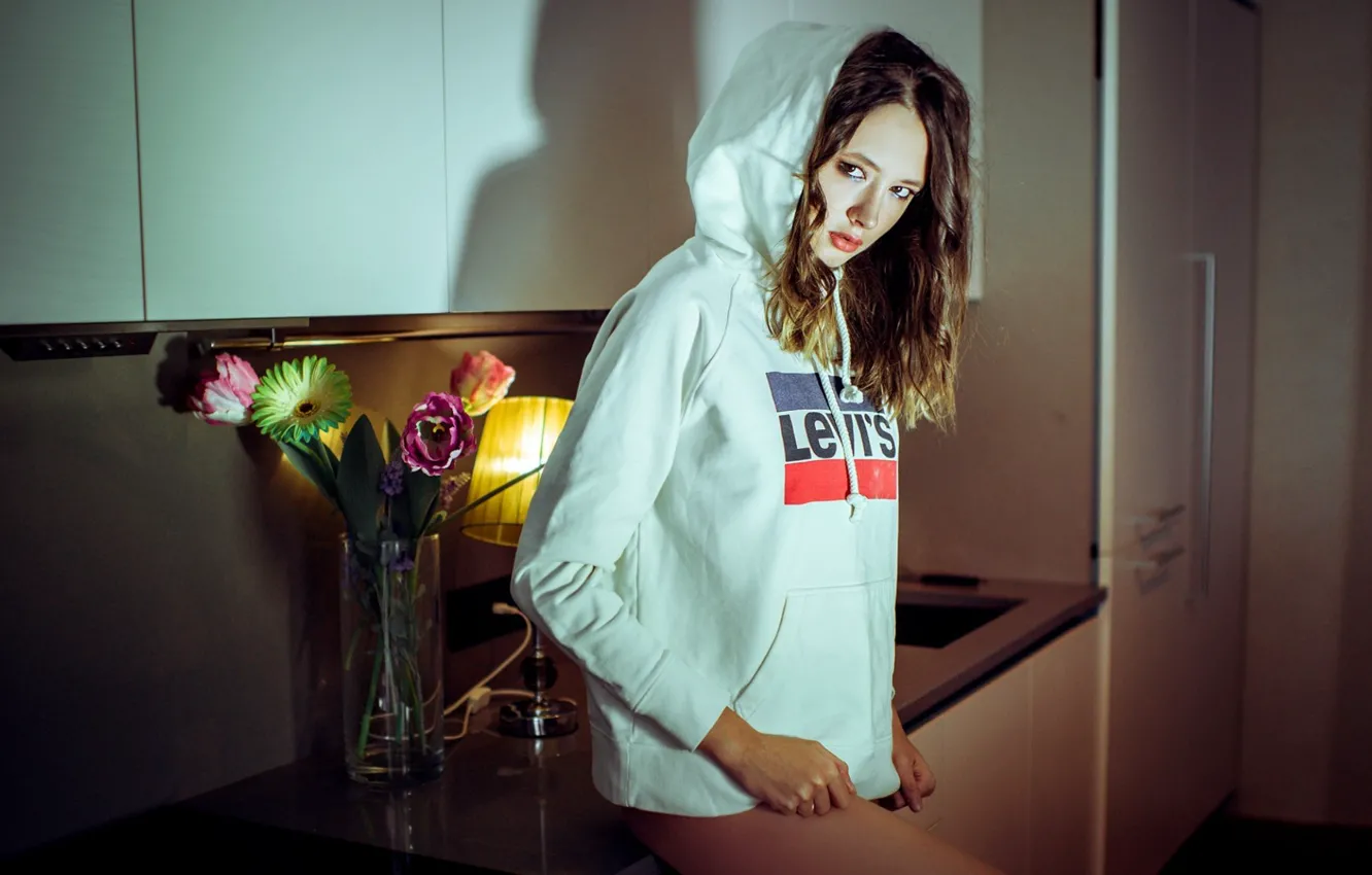 Photo wallpaper girl, kitchen, sitting, Kirill Bukrey, Disha Shemetova