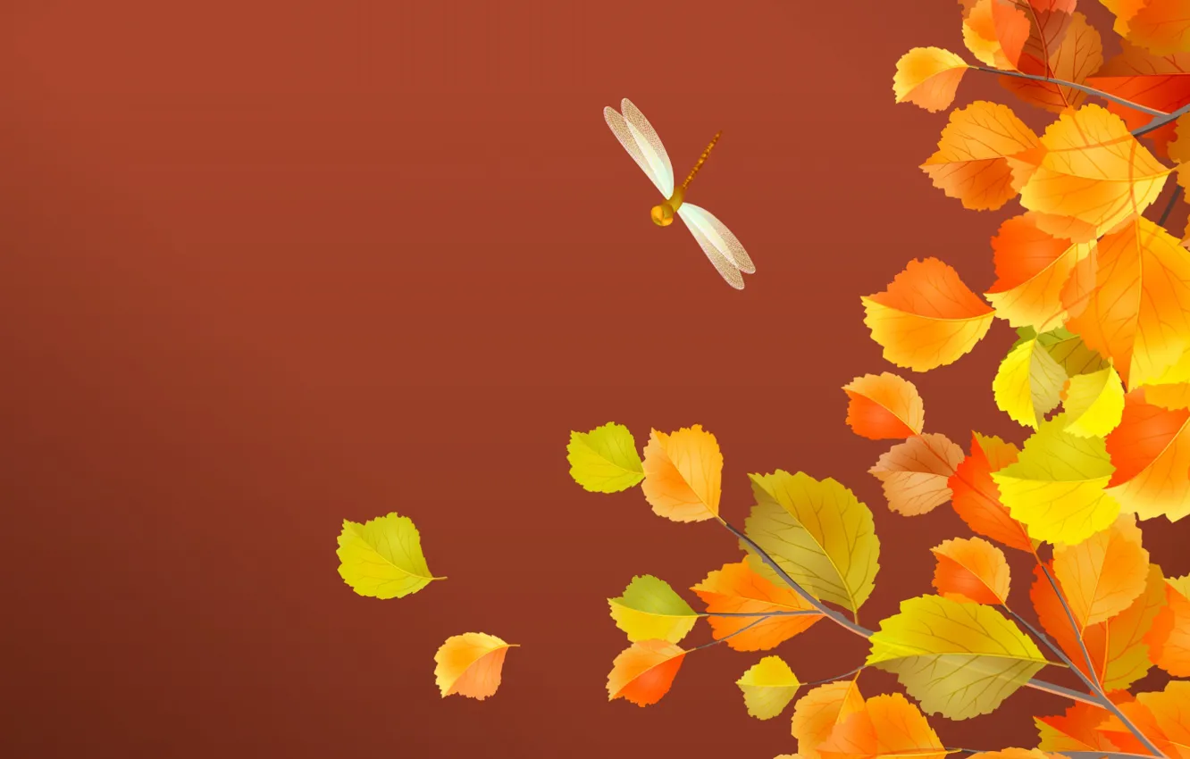 Photo wallpaper autumn, leaves, dragonfly