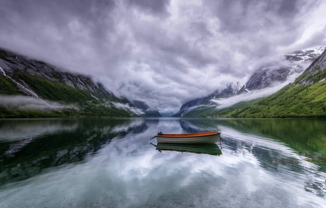 Photo wallpaper mountains, shore, boat, pond, boat