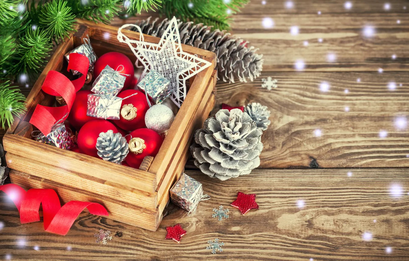 Photo wallpaper snow, decoration, balls, tree, New Year, Christmas, Christmas, wood