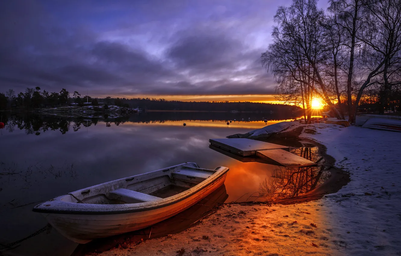 Photo wallpaper winter, night, lake, boat