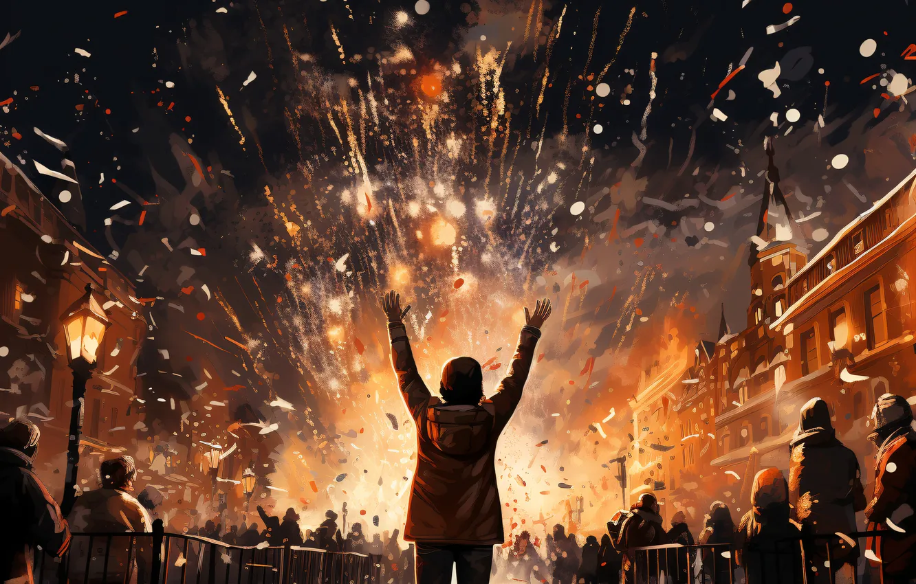 Photo wallpaper night, people, new year, home, salute, Christmas, guy, confetti