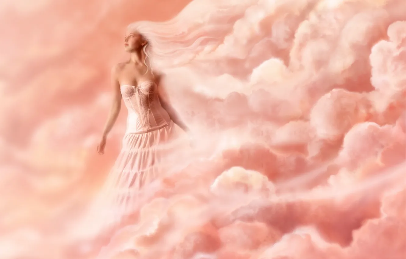 Photo wallpaper women, clouds, pink