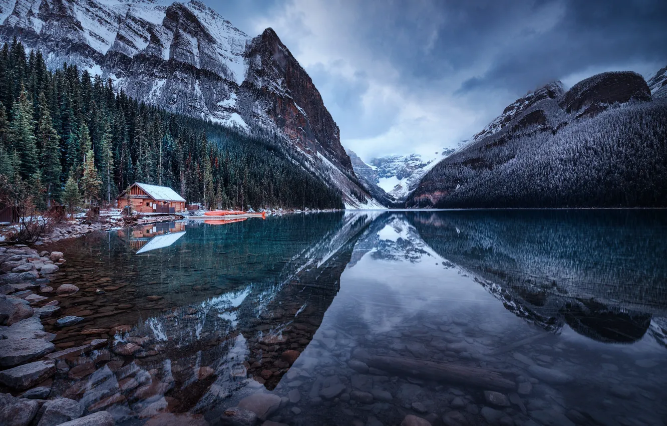 Photo wallpaper ridge, forest, reflection, lake, stones