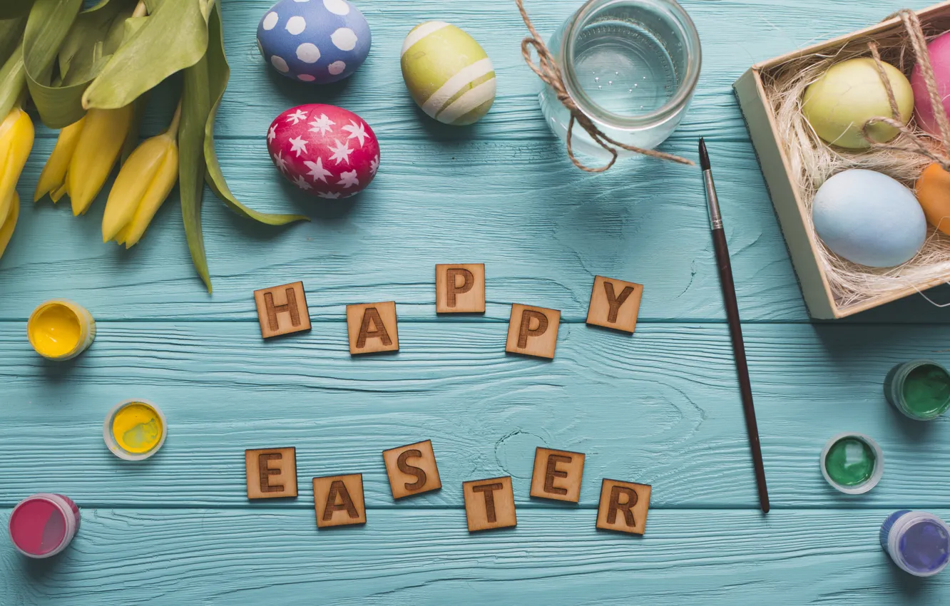 Photo wallpaper flowers, letters, holiday, paint, eggs, Easter, tulips, brush