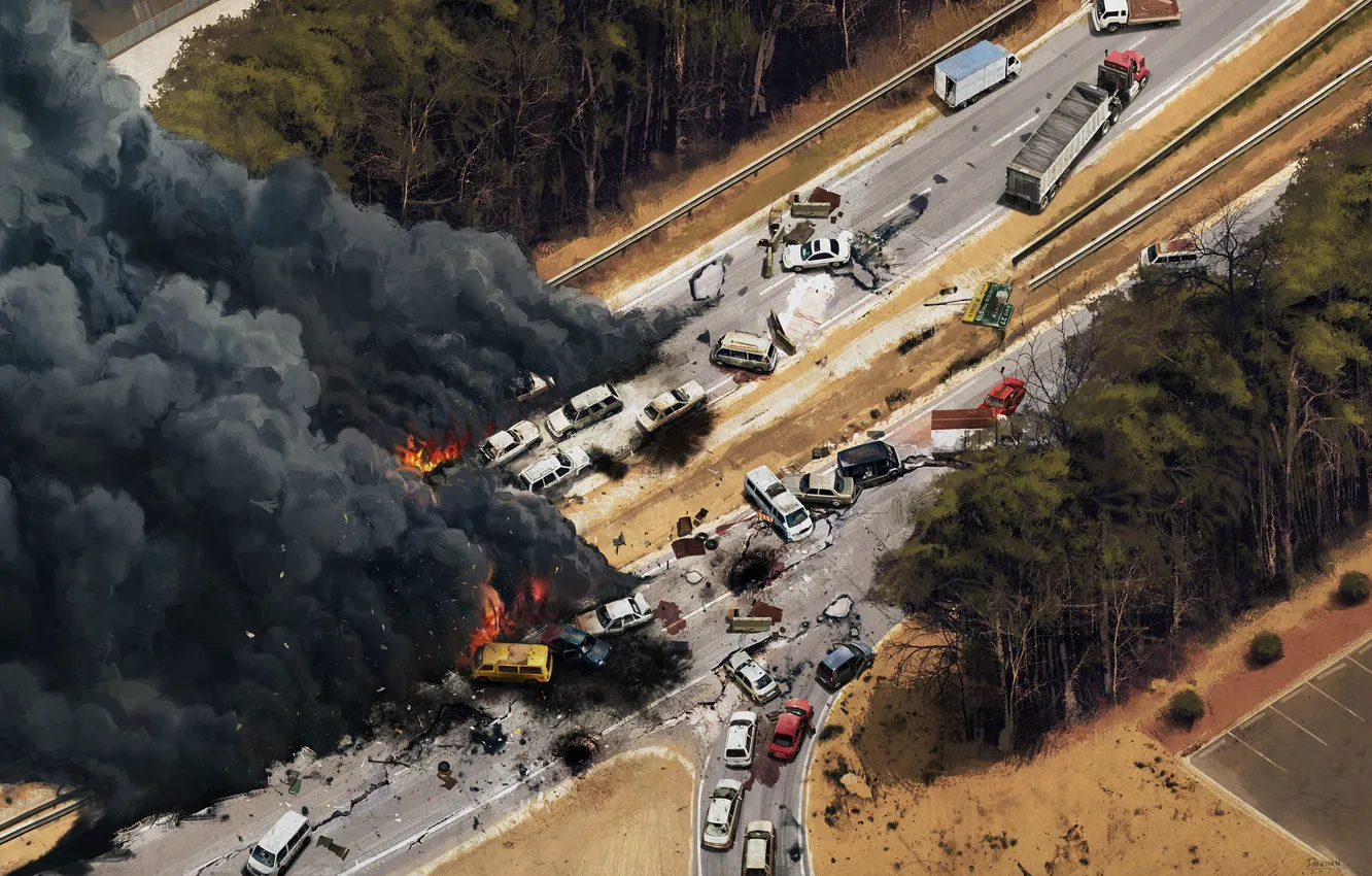 Photo wallpaper crash, smoke, track, disaster, clash, cars, region screen interstate