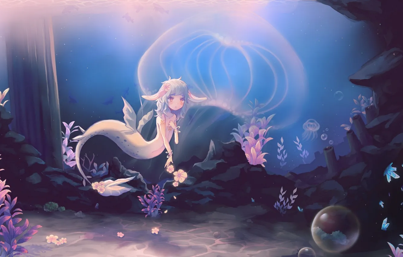 Photo wallpaper flowers, bubbles, mermaid, jellyfish, underwater world, ears