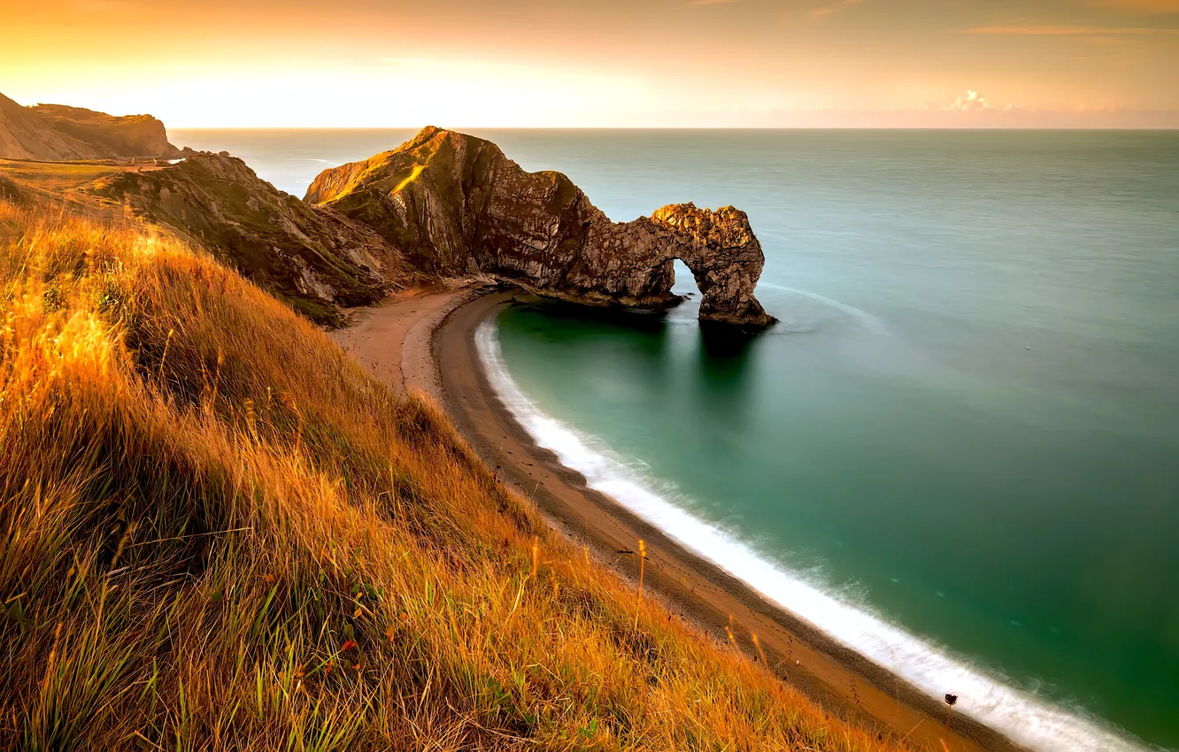 Photo wallpaper grass, sea, landscape, nature, sunset, rocks, seaside, Arc