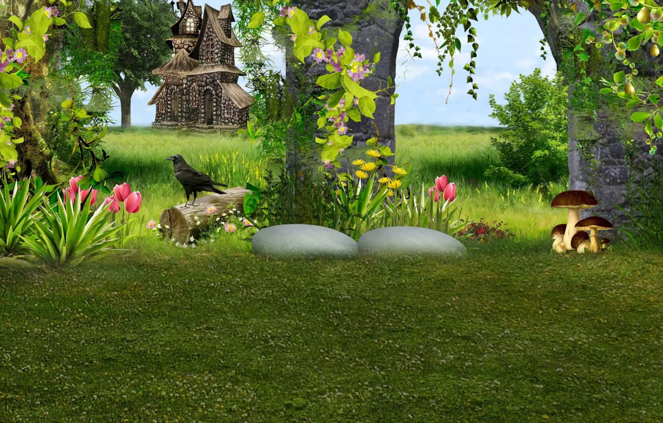 Photo wallpaper meadow, Raven, fairytale castle, mysterious country, stone arch