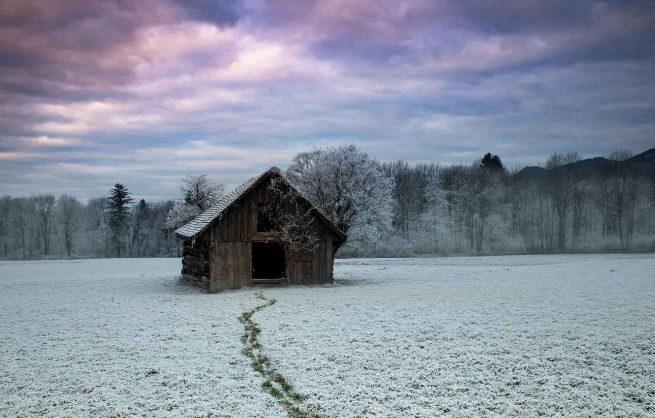 Photo wallpaper winter, field, house, Follow me