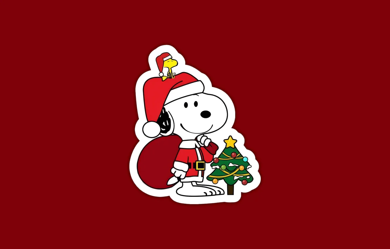 Photo wallpaper red background, Woodstock, Red background, Snoopy, Snoopy and Woodstock dressed as Santa Claus, Snoopy and …