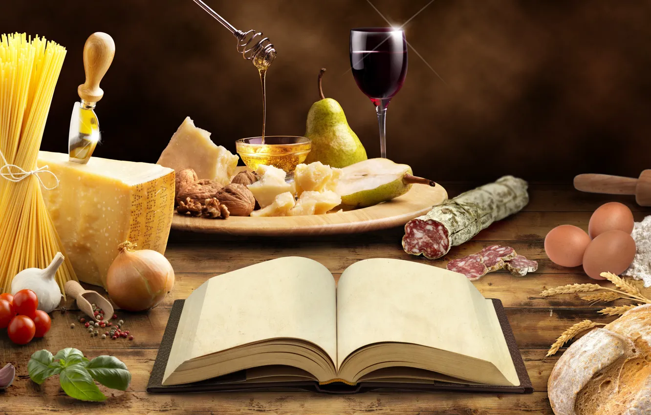 Photo wallpaper table, wine, glass, eggs, cheese, bow, honey, bread