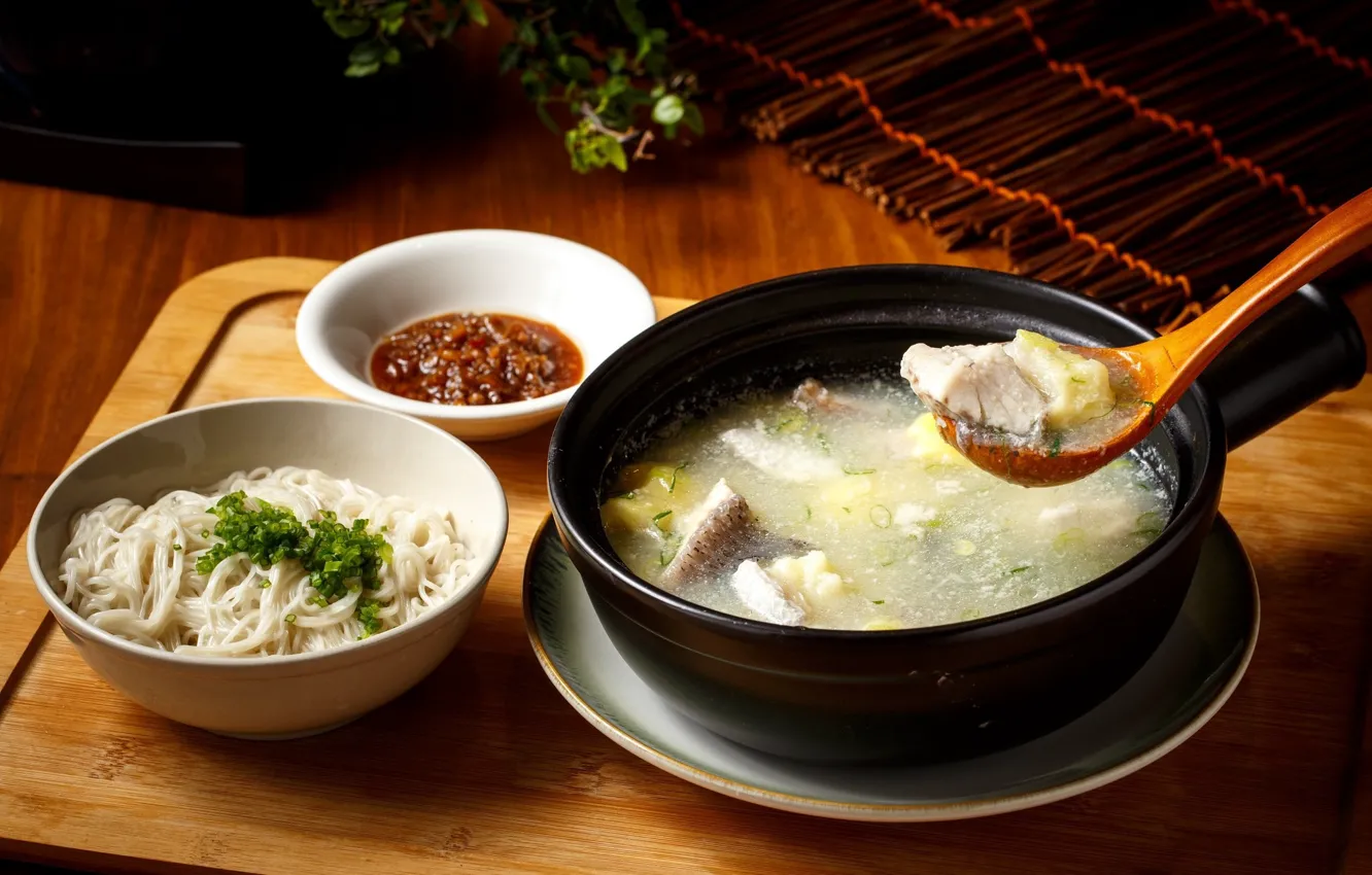 Photo wallpaper fish, soup, ear, noodles