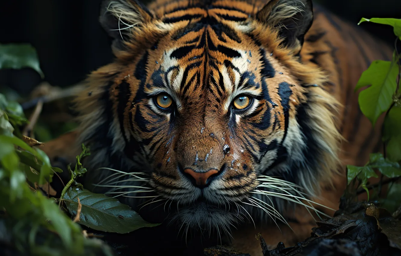 Photo wallpaper Look, Tiger, Face, Predator, Jungle, Front, Digital art, Big cat