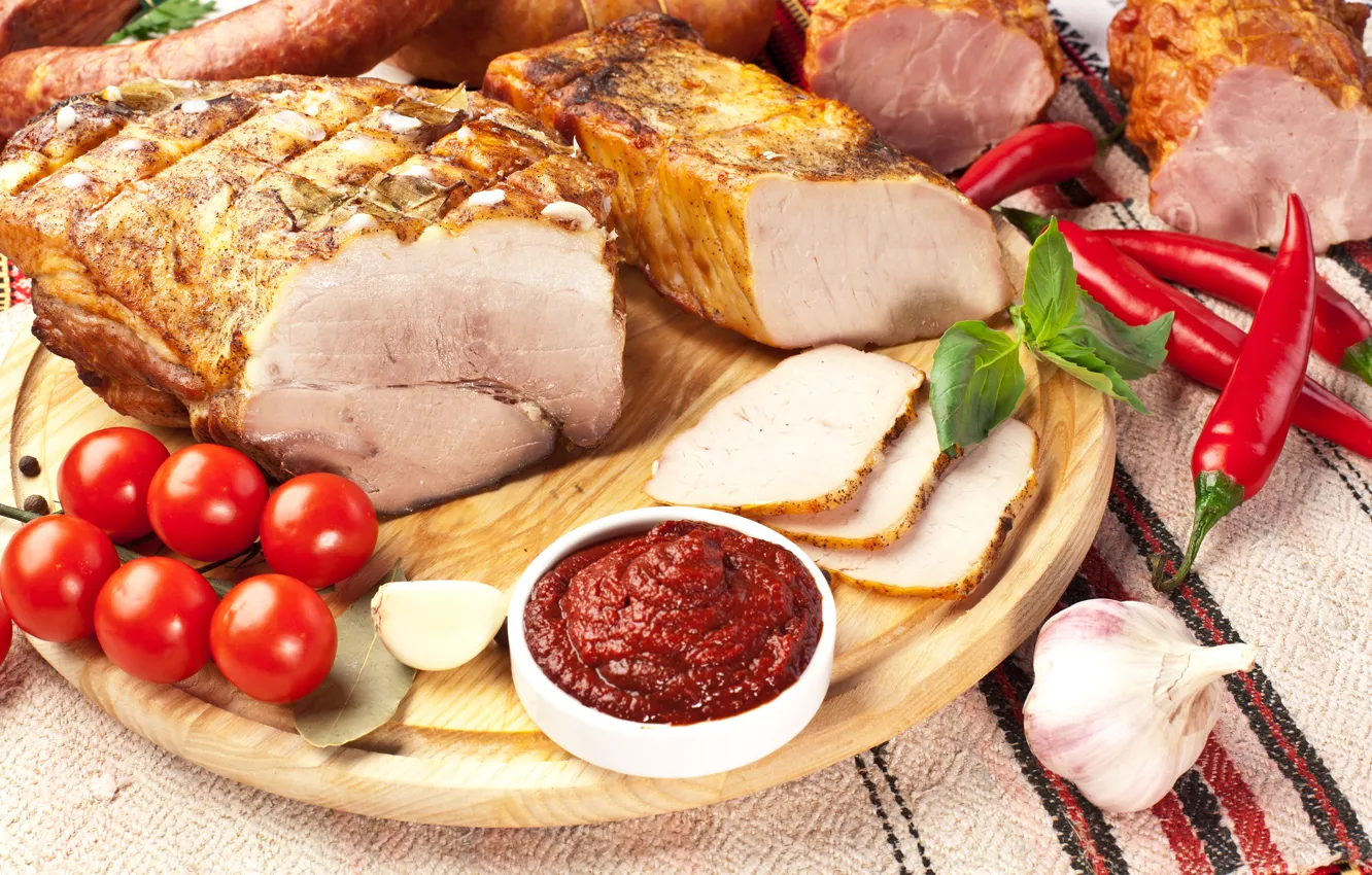 Photo wallpaper meat, vegetables, tomatoes, sauce, hot pepper, tomatoes, ham, meat