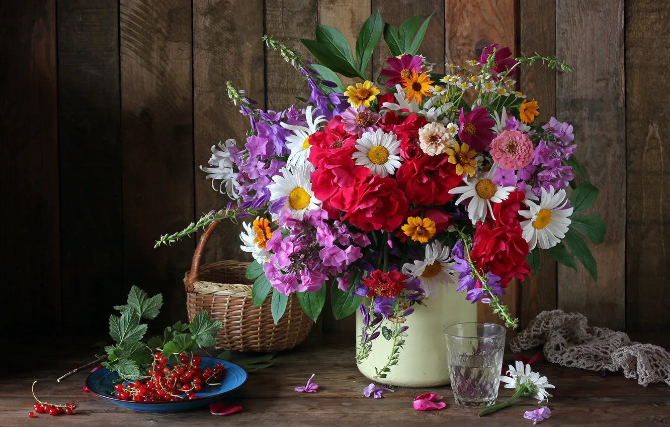 Photo wallpaper flowers, basket, chamomile, bouquet, currants, zinnia