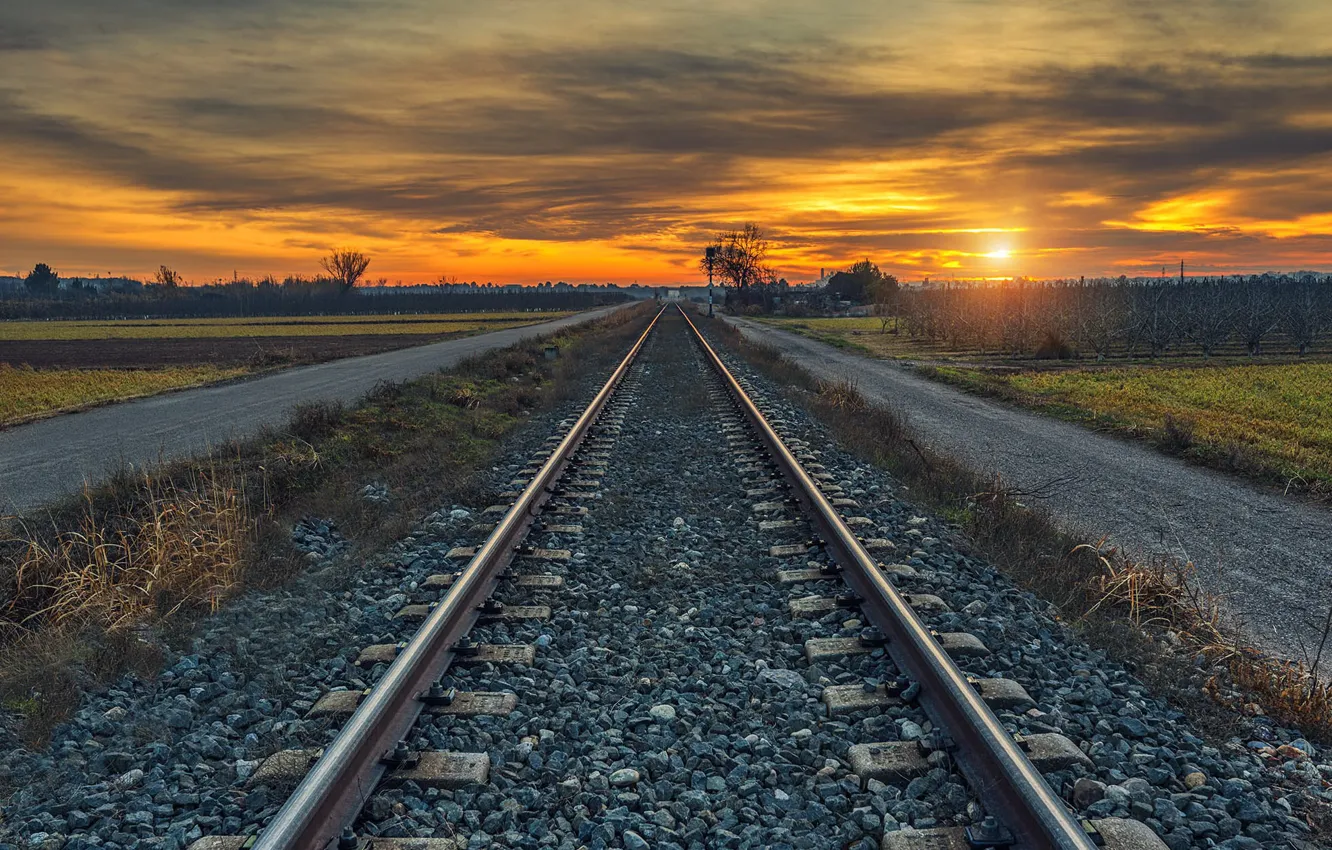 Photo wallpaper sunset, nature, railroad