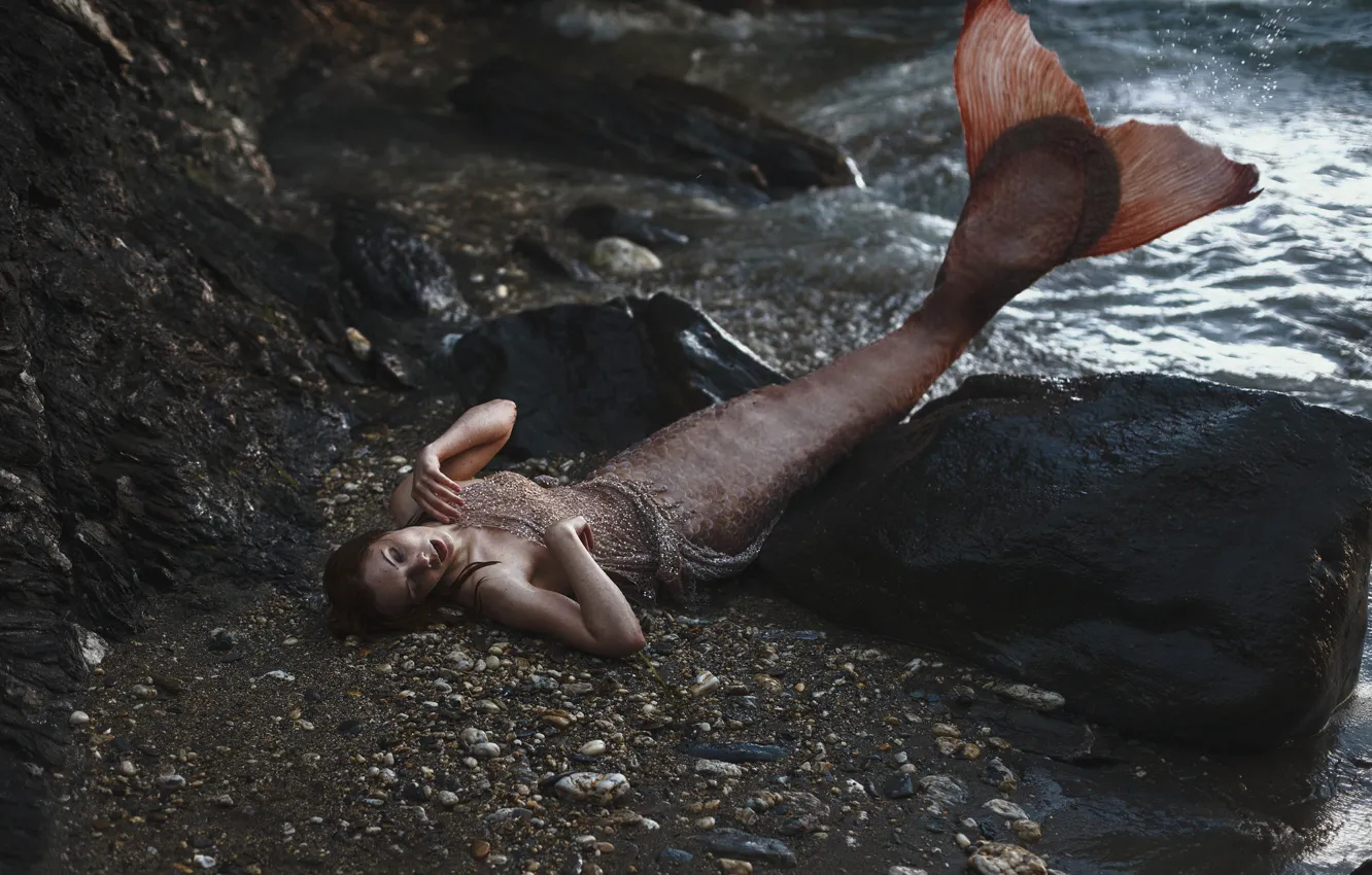 Photo wallpaper girl, stones, shore, mermaid, Aleah Michele