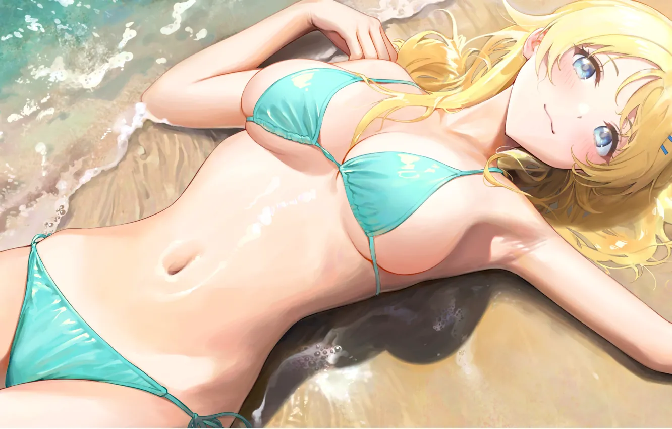 Photo wallpaper girl, hot, sexy, wet, beach, ocean, boobs, anime