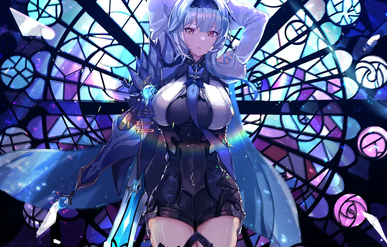 Photo wallpaper girl, sword, shorts, boobs, anime, beautiful, short hair, pretty