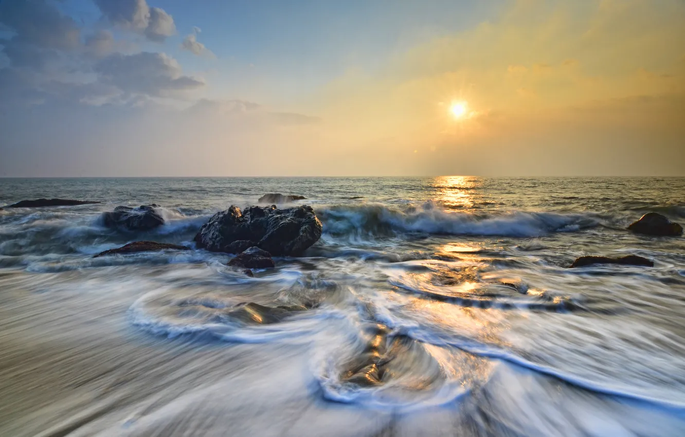 Photo wallpaper sea, water, sunset, stones, shore