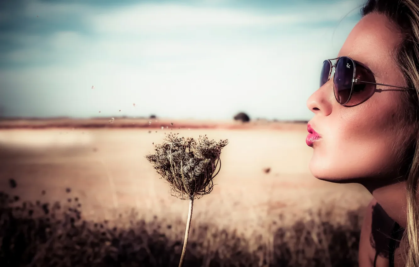 Photo wallpaper girl, glasses, sponge, blow