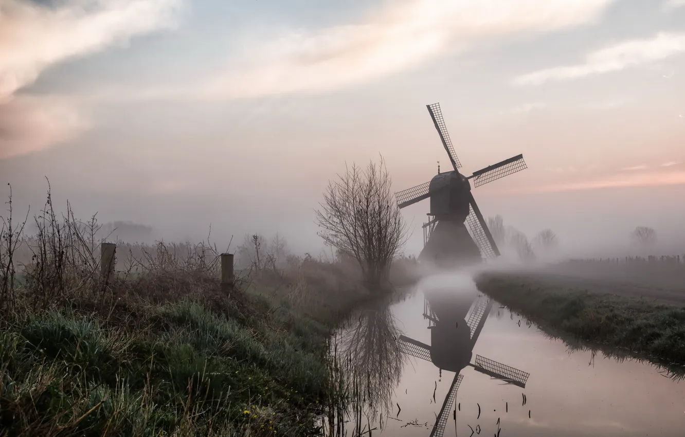 Photo wallpaper landscape, nature, fog, morning, mill, channel
