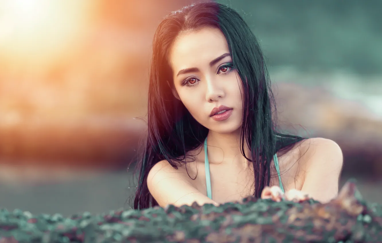 Photo wallpaper look, girl, face, background, hair, brunette