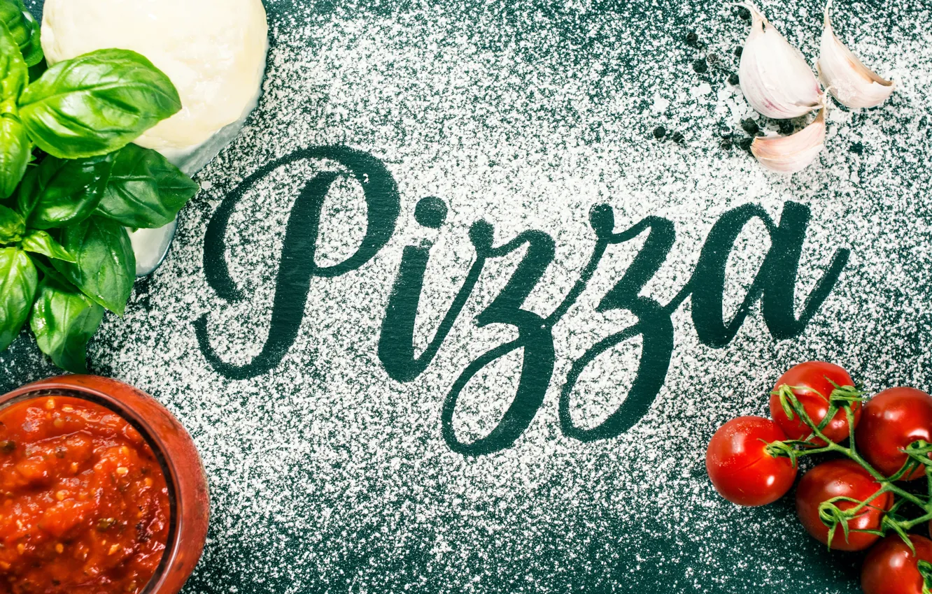 Photo wallpaper the inscription, food, vegetables, pizza, sauce, tomatoes, garlic, flour