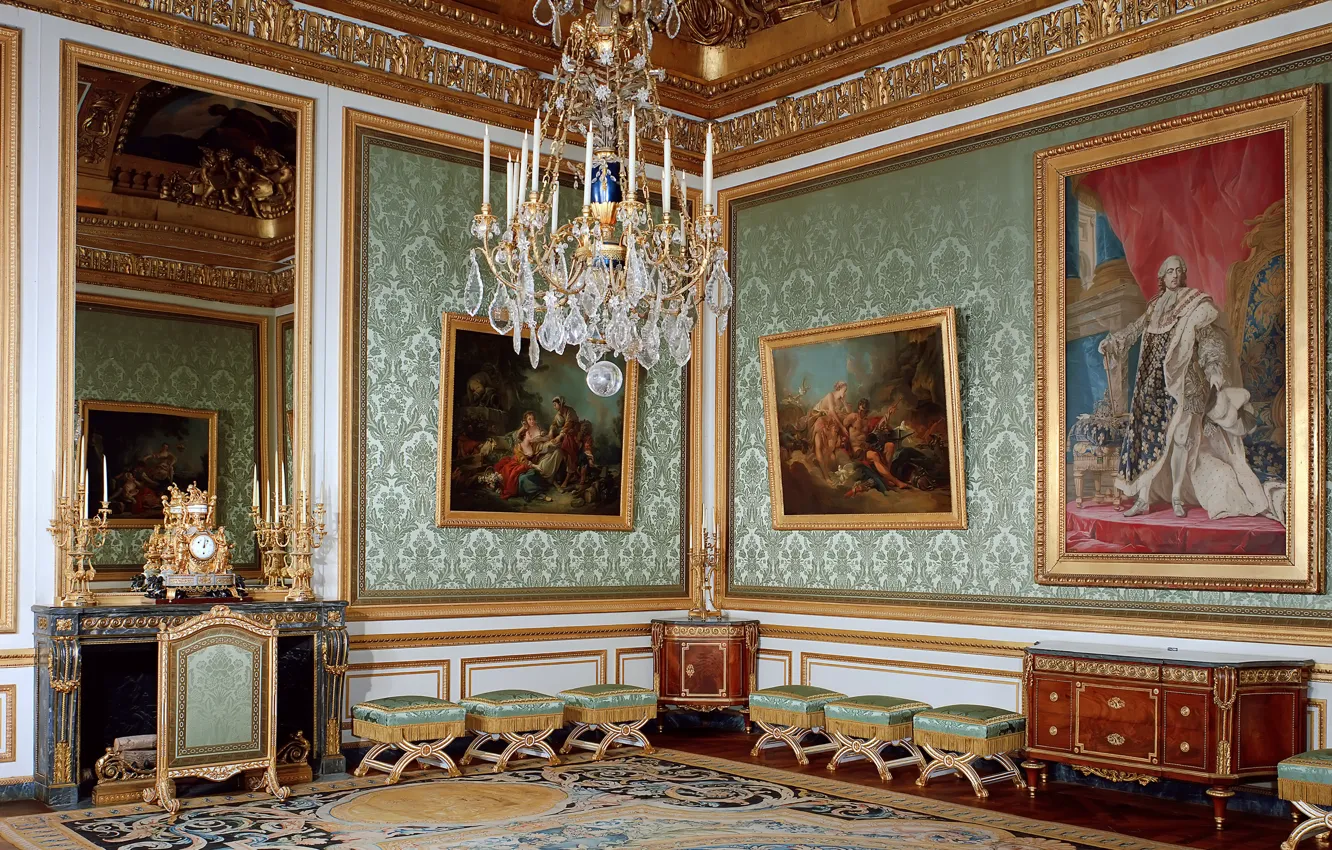 Photo wallpaper design, France, interior, pictures, hall, Palace, chandeliers, Versailles