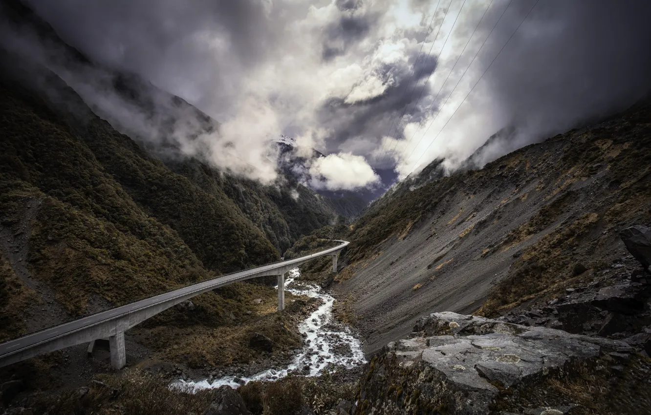 Photo wallpaper road, mountains, bridge, New Zealand, Arthur's Pass