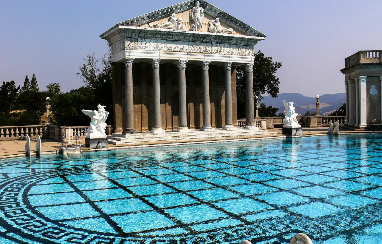 Photo wallpaper the sky, CA, columns, USA, architecture, Hearst Castle, San Simeon, the pool of Neptune